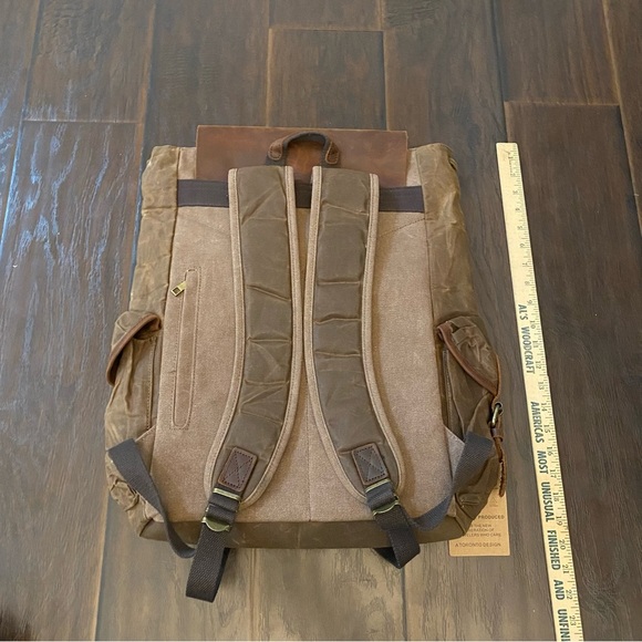 NWT District Fly Brown Leather Fabric Mix Humanely Produced Travelers Backpack - Picture 12 of 14